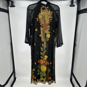 Elegant Ao Dai Black Floral Embroidered Dress‎ Yellow Orange Asian Vietnamese